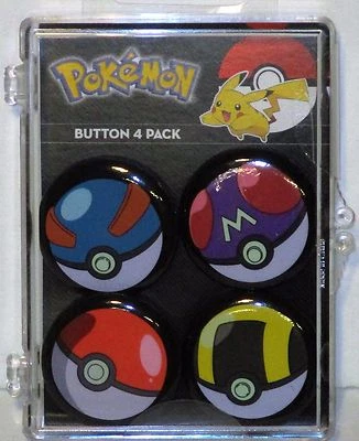 POKEMON "POKEBALLS" SET OF FOUR PIN BACK BUTTONS IN COLLECTORS CASE FREE SHIP - Image 1 of 2
