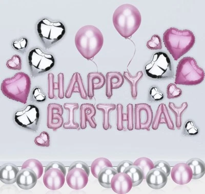 60 Pcs Happy Birthday Balloons Banner and Pink & Silver Ballons Party Supplies - Image 1 of 4