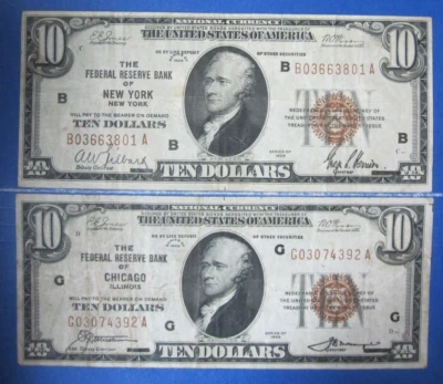 (Lot of 2 Different) 1929 $10 Federal Reserve Bank Notes NY and Chicago - Image 1 of 2