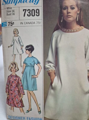 Tent Dress Designer 16 Simplicity 7309 Sewing Pattern Cut VTG Mod Pockets Scoop - Image 1 of 4
