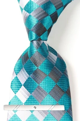 Nueva corbata clásica a cuadros gris aguamarina tejida jacquard 100 % seda para hombre Foto 1 de 4