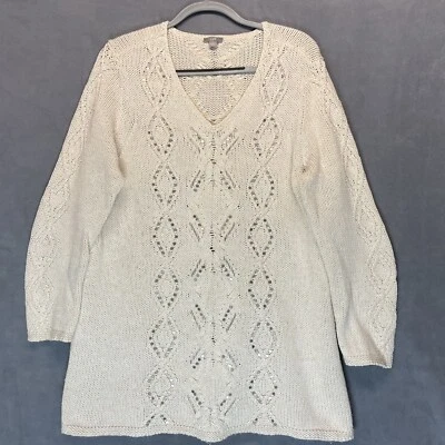 Suéter J JILL Talla Grande Lana Fibra Yak Cuello en V Cuentas Plateadas Marfil Foto 1 de 4