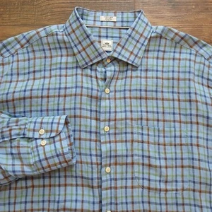 Peter Millar Shirt Mens Extra Large Blue Plaid Check 100% Linen Casual Button - Picture 1 of 7