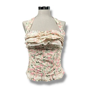 Vtg Cottagecore Halter Floral Top Lace Ruffle Pink Coquette Whimsical Sz M - Picture 1 of 6