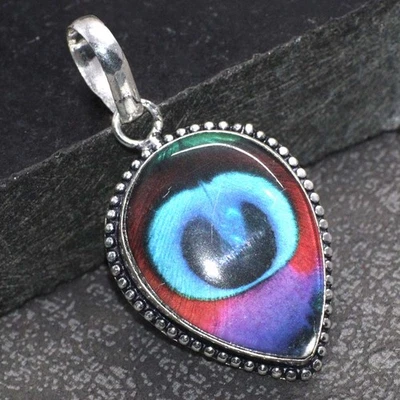 Colgante hecho a mano con doblete de pluma de pavo real arco iris 1,8" JW Foto 1 de 3