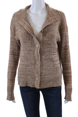 Monrow 女式纽扣高领开衫毛衣棕色棉 M 码 — 第 1/4 张图片