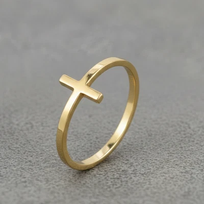 Minimalist Cross Ring Dainty 18K Gold Plated Simple Christian Faith Jewelry Gift - Image 1 of 4