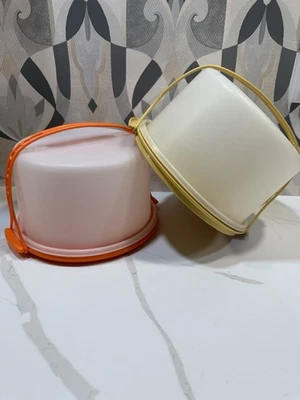Tupperware Harvest Gold & Orange Round Cake Carrier w/ Handle 684-5 683-5 624-21 - Photo 1/4