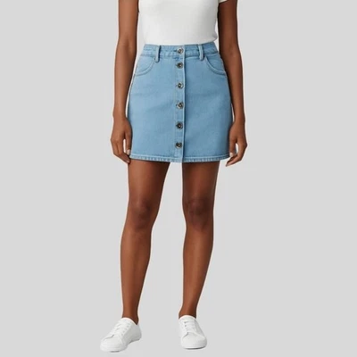 Saia jeans Arizona Jean Co azul botão frontal feminina tamanho 7 elástica casual - Imagem 1 de 4