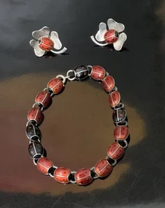 Rare Anton Michelsen Denmark Ladybug Enamel Sterling Silver Bracelet & Earrings - Picture 1 of 11