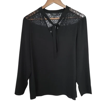 Theory 100% Silk Lace York Neck Tie Top Blouse Womens Size M Black Classic Chic - Image 1 of 4