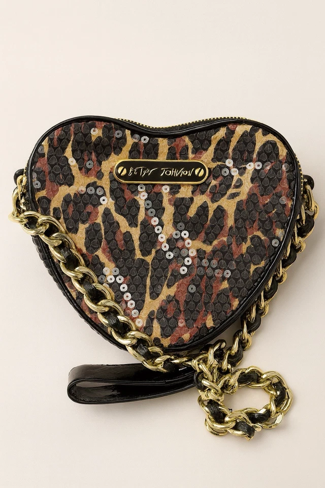 Betsey Johnson Leopard Sequin Heart Crossbody Bag Gold Chain – Rare Glam Purse - Image 1 of 1