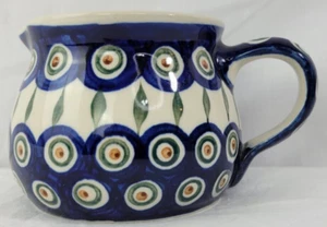Polish Peacock Pottery Ceramic Creamer Hand Painted Boleslawiec 2 Cup Poland - Picture 1 of 6
