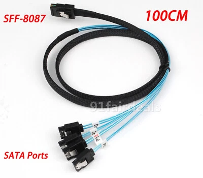 New 1M Mini SAS 4i 36P SFF 8087 to 4 SATA 7P The Reverse With Latch Cable 100CM - Image 1 of 4