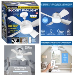 Socket Fan Ceiling Fan with Light, 5000K Led, 1000 Lumens