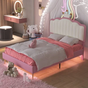 Twin Size LED Upholstered Princess Bed with Crown Headboard Platform Bed - Picture 1 of 15