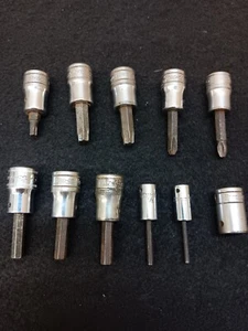 GOOD USED 11 PIECE ASSORTED 1/4"-3/8"DRIVE TORX, PHILLIPS,&ALLEN SNAP ON SOCKETS - Picture 1 of 2