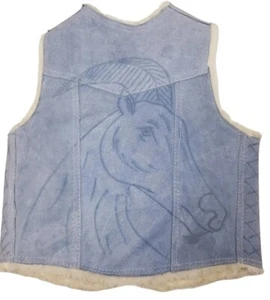 Vintage Genuine Leather Suede Shearling Vest Embossed Horse Ibex Snap 4t-5t - Picture 1 of 24