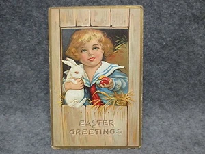 Easter Greetings Postcard Girl w/ Rabbit & Colored Eggs 1910 Lafayette Postmark - Picture 1 of 2