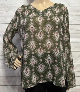 Alice blaue Bluse Medium halbtransparent grün Pfau Blumendruck erhöhter Indie - Bild 1 von 16