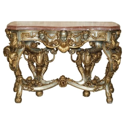 SUPER RARE METAL ANTIQUE BAROQUE RAMS & MAIDEN HEAD MARBLE TOPPED CONSOLE TABLE - Image 1 of 4