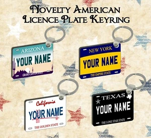 PERSONALISED NOVELTY AMERICAN LICENCE PLATE HIGH GLOSS KEYRING ANY NAME ANY TEXT - Picture 1 of 9