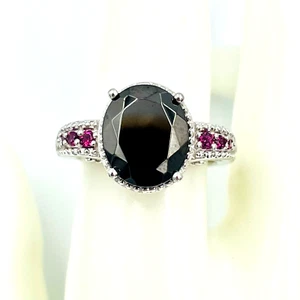 Anello dichiarazione argento sterling 925 gemma accento onice nero e zaffiro rosa NUOVO - Foto 1 di 9