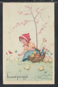 Cartolina Buona Pasqua Bambina Fiori Pulcini Uova illustratore Tarantino ZB520 - Picture 1 of 1
