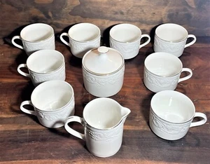 Farberware Calais 8 C. Cups, Creamer & Sugar  #4173 White Embossed Gold 22K Band - Picture 1 of 14