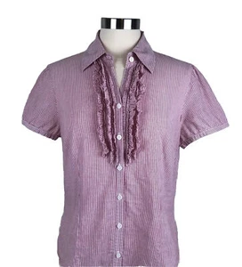 Ann Taylor Loft 12 Shirt Ruffle Front Button Up Short Sleeve Red Pin Stripe - Picture 1 of 12