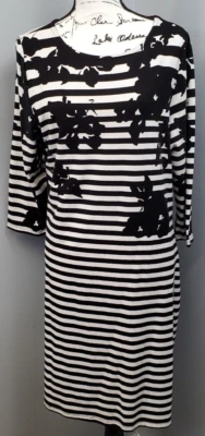 Liz Claiborne Shift Dress Womens L Black White Striped Floral Stretch Round Neck - Image 1 of 4