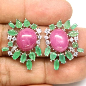 Heated Pink Ruby, Emerald & Cubic Zirconia Earrings 925 Sterling Silver - Picture 1 of 4