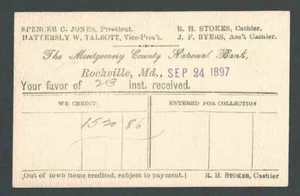 1897 Rockville Md County National Bank Funds Received UX11 Library Size Card - Picture 1 of 1