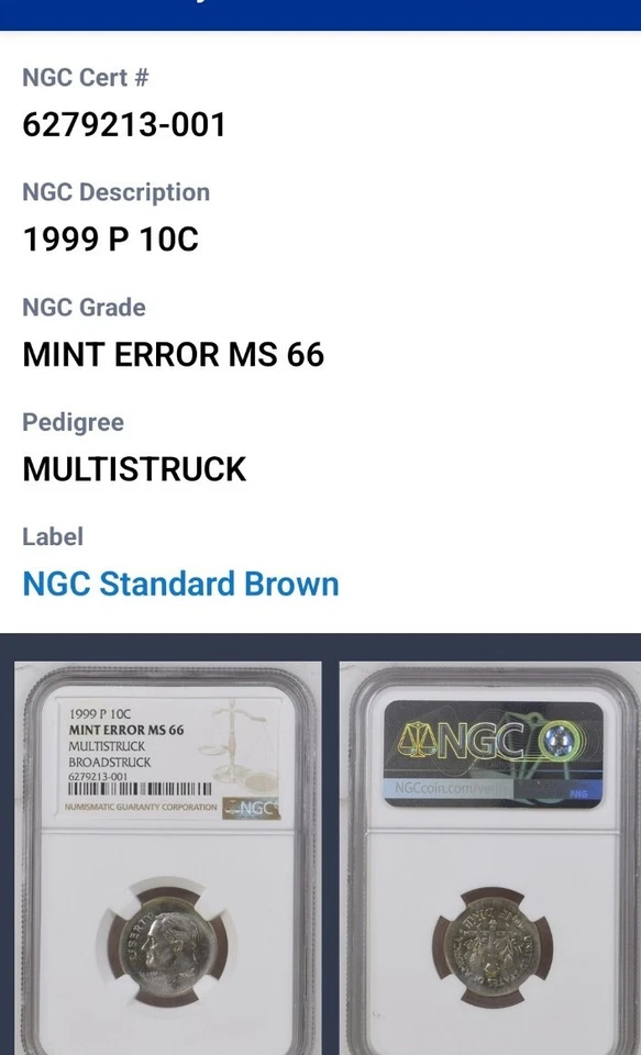 1999 P 10C ERROR NGC UNC MS66, MULTISTRUCK, BROADSTRUCK, See Photos. Our T6490 - Image 1 of 4