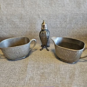 Vintage Sugar, Creamer , Salt Shaker. Pewter? Silver Plated? Art Deco Japan - Picture 1 of 22