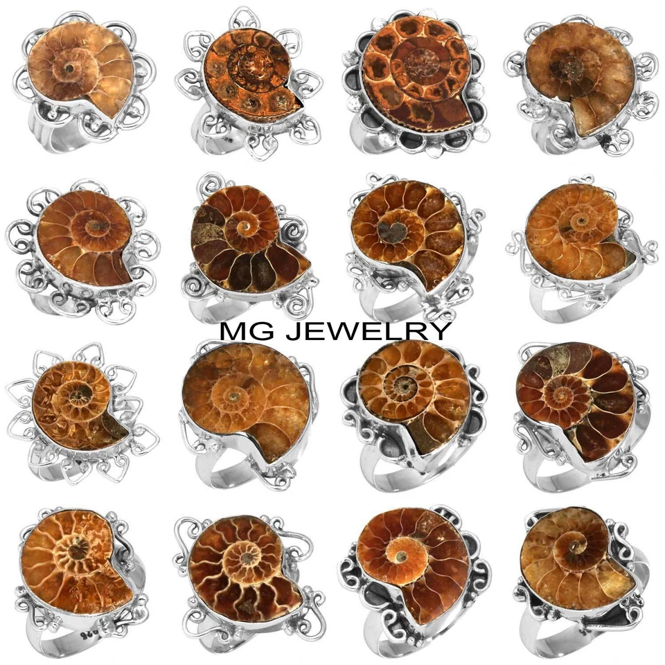 Лот из 50 колец из стерлингового серебра 925 пробы с натуральным ископаемым аммонитом - Изображение 1 из 1
