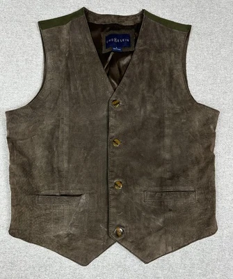 Chereskin Vest Mens Large Brown Leather Button Front Waistcoat Green Back - Image 1 of 4