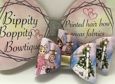 PINK POLAR EXPRESS CHRISTMAS 4" PRINTED CANVAS FABRIC BOW LOOPS  MAKE HAIR BOWS - Image 1 of 3