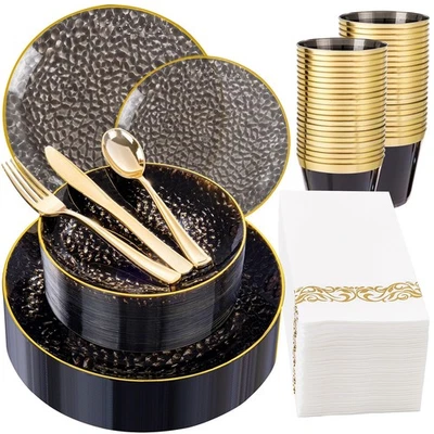 Juego de vajilla de plástico transparente negro y dorado 175 piezas para Halloween, martillado di... Foto 1 de 4