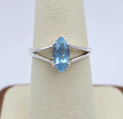 Vintage Sterling Silver Blue Topaz Ring Faceted Marquise Modern Minimalist  - Image 1 of 4