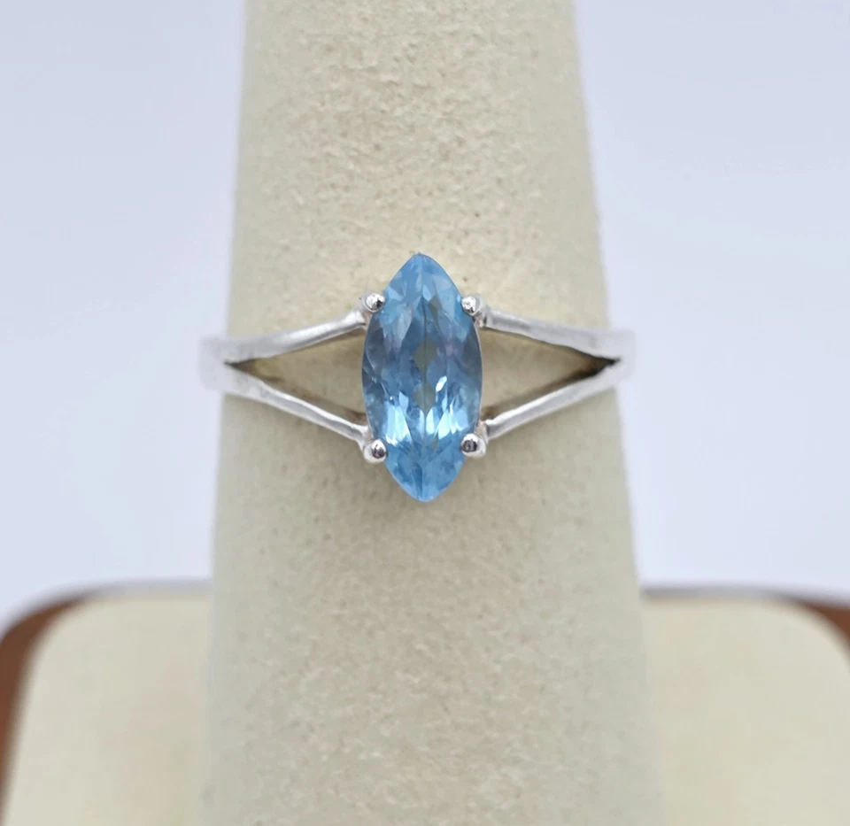 Anillo Topacio Azul Vintage Plata Esterlina Facetado Marquesa Moderno Minimalista  Foto 1 de 4