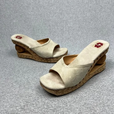 Vintage Carved Wood Wedge Platform Heels Suede Peep Toe Boho Womens Size 8 - Image 1 of 4