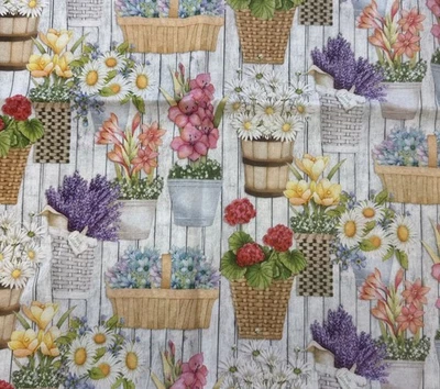 Wall of Flowers Joy Hall Flower Pots Gardening Cotton Fabric BT Half Y #17 - Image 1 of 4