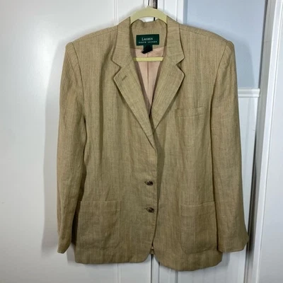 Lauren Ralph Lauren Blazer Womens 16 Tan Herringbone Linen Blend Lion Button Vtg - Image 1 of 4