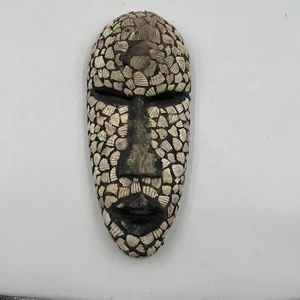 African Tribal Mask 14”x6” Black White Wooden With Shells Inlaid - Picture 1 of 11