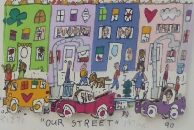 James Rizzi Unsere Strasse Handsigniert 3D Grafik Skulptur 1990 Gerahmt Pop Art - Bild 1 von 4