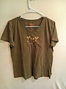 Women's Good Karma Let Love Grow Heart V-Neck Top Brown Semi Fitted Sz Medium - Picture 1 of 3