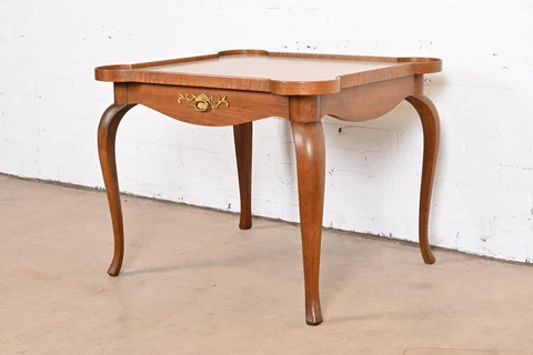 1960s Baker Furniture French Provincial Louis XV Cherry and Burl Wood Tea Table Cover