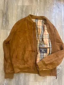 BURBERRY VINTAGE MEN'S LEATHER JACKET size 52 L BEIGE MAT SUEDE ZIP BOMBER - Picture 1 of 16