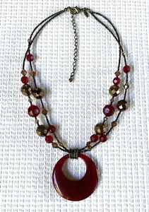 Cinnabar Necklace Red Glass Pendant Circle Disc Chocolate Gold beads Lia Sophia - Picture 1 of 4